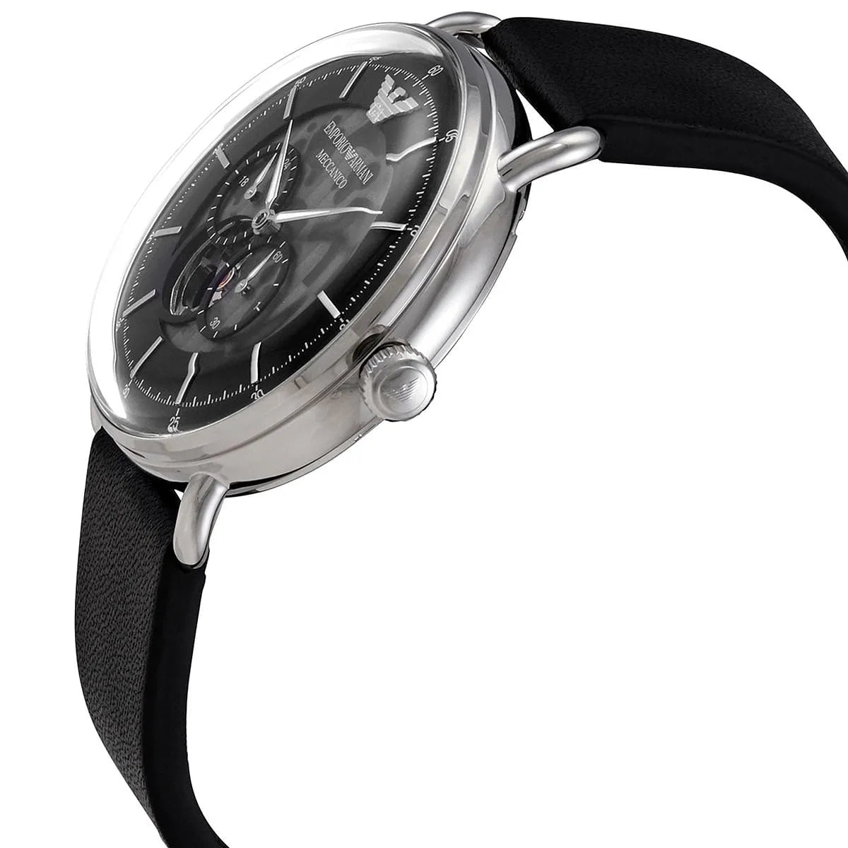 Emporio Armani Meccanico Skeleton Black Dial Black Leather Strap Watch For Men AR60026