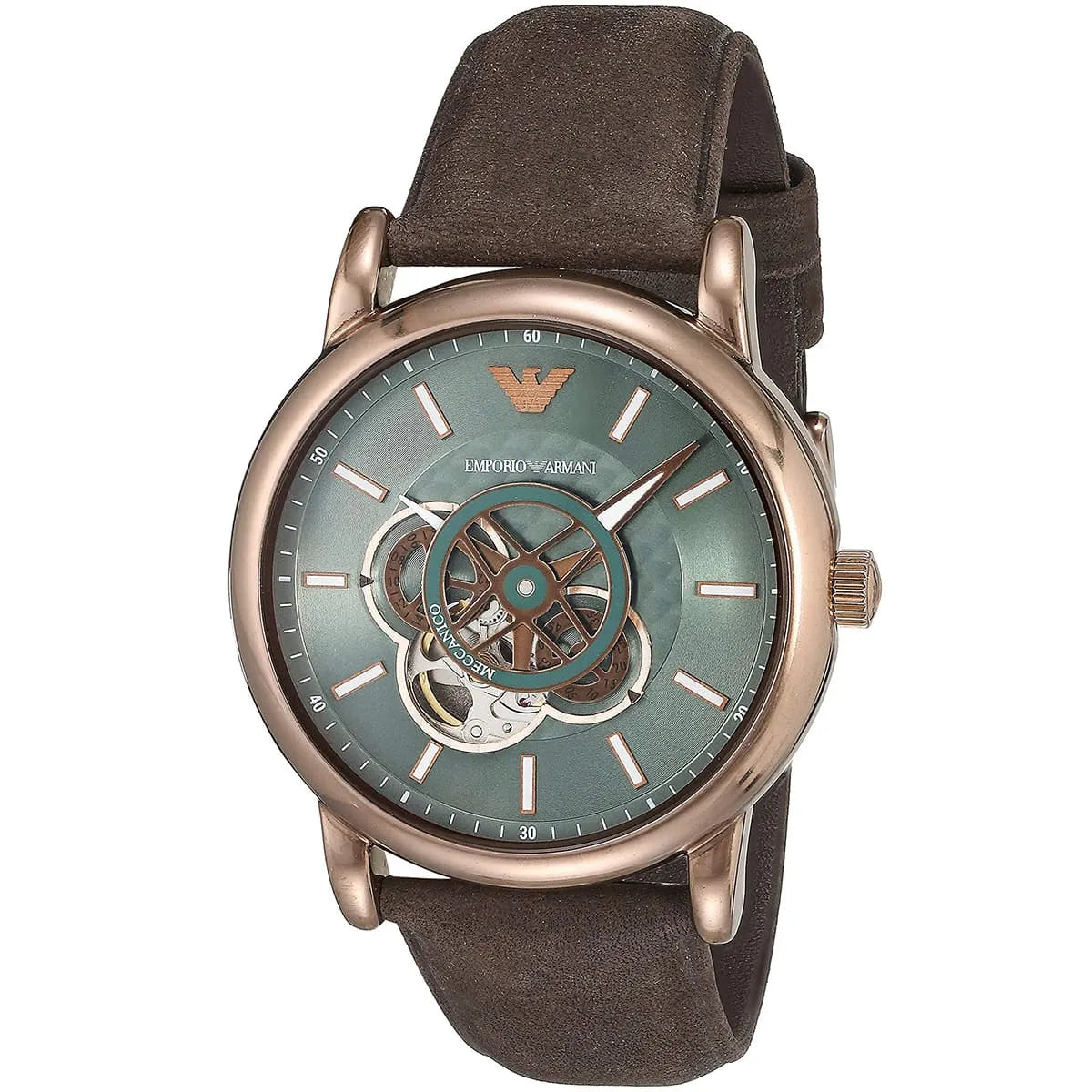 Emporio Armani AR60033 at angle showing green dial with skeleton tourbillon window