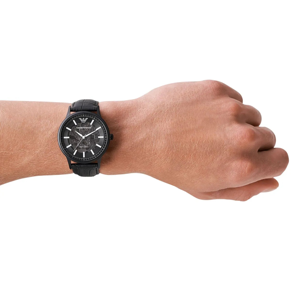 Emporio Armani Renato Automatic Skeleton Black Genuine Leather Men's Watch - AR60042