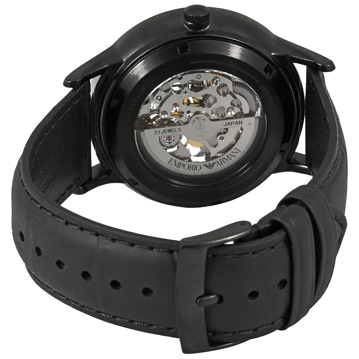 Emporio Armani Renato Automatic Skeleton Black Genuine Leather Men's Watch - AR60042