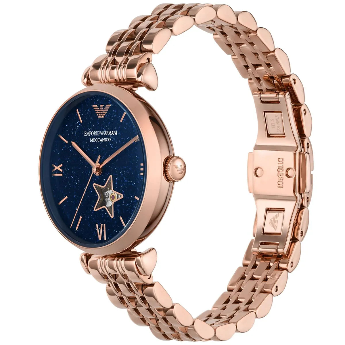 Emporio Armani Meccanico Gianni T-Bar Blue Dial Rose Gold Steel Strap Watch For Women - AR60043