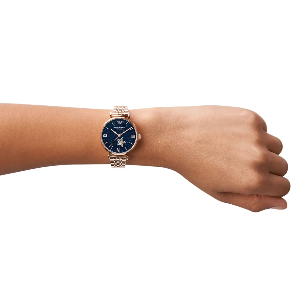Emporio Armani Meccanico Gianni T-Bar Blue Dial Rose Gold Steel Strap Watch For Women - AR60043