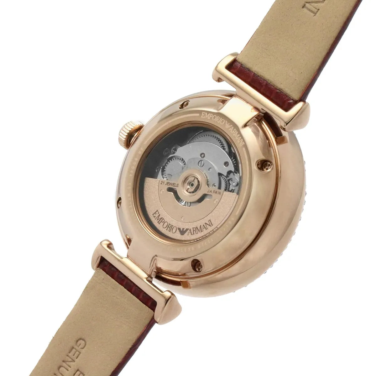 Emporio Armani Meccanico case back with visible automatic movement and rotor mechanism