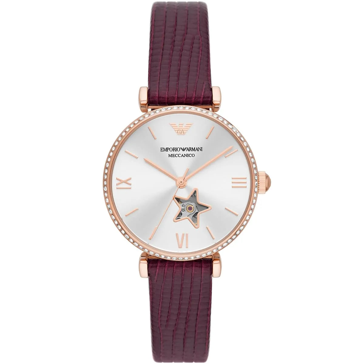 Emporio Armani Meccanico women's watch featuring silver dial with rose gold accents