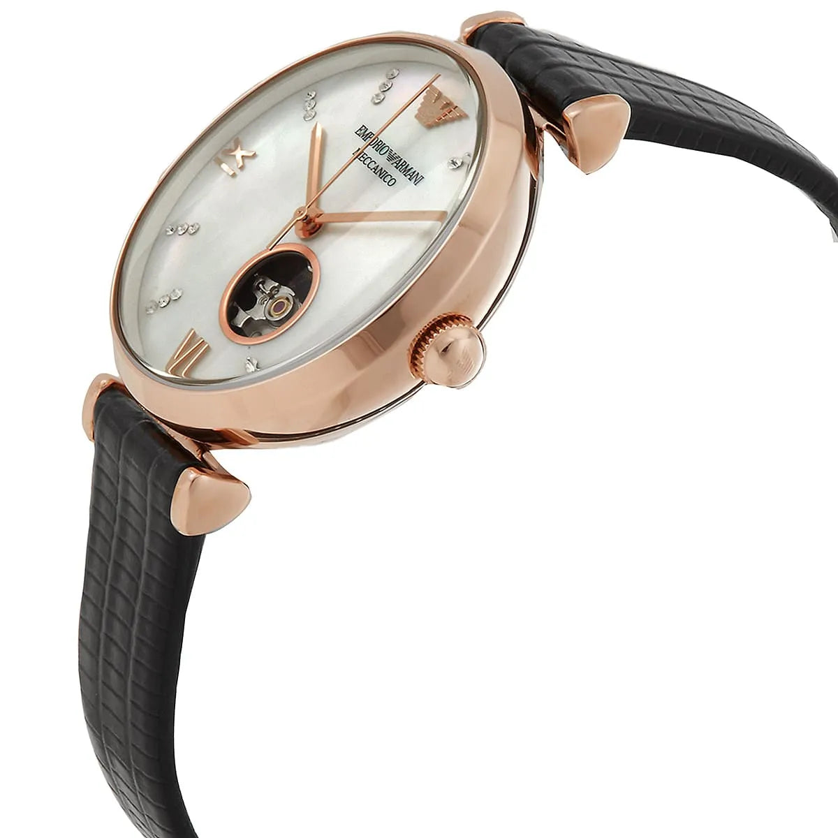 Emporio Armani Gianni T-Bar Automatic Crystal White Mop Dial Ladies Watch AR60047
