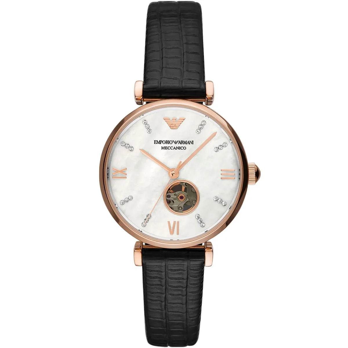 Emporio Armani Gianni T-Bar Automatic Crystal White Mop Dial Ladies Watch AR60047
