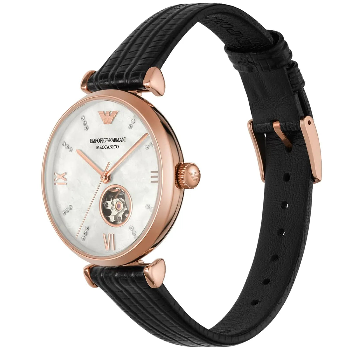 Emporio Armani Gianni T-Bar Automatic Crystal White Mop Dial Ladies Watch AR60047