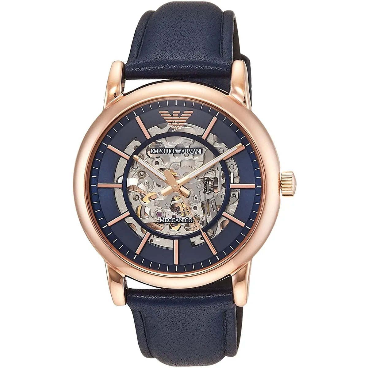 Emporio Armani Meccanico Automatic Blue Dial Blue Leather Strap Watch AR60050