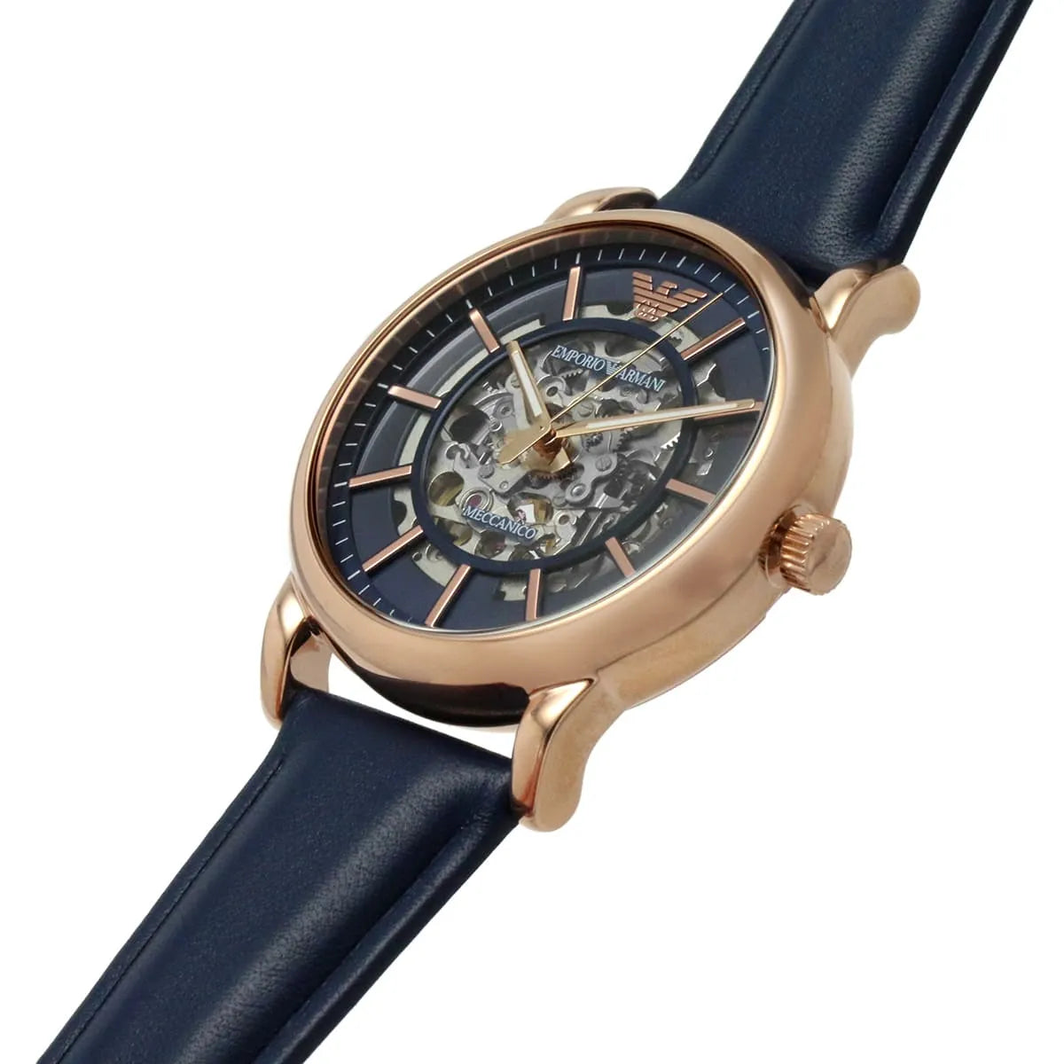 Emporio Armani Meccanico Automatic Blue Dial Blue Leather Strap Watch AR60050