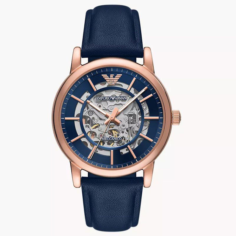 Emporio Armani Meccanico Automatic Blue Dial Blue Leather Strap Watch AR60050