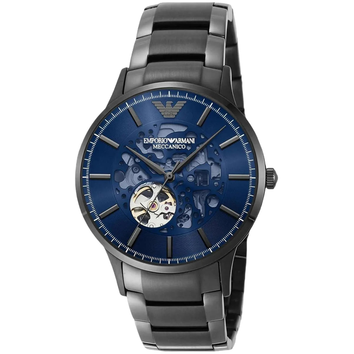 Emporio Armani Renato Meccanico blue dial with automatic movement visible through open heart