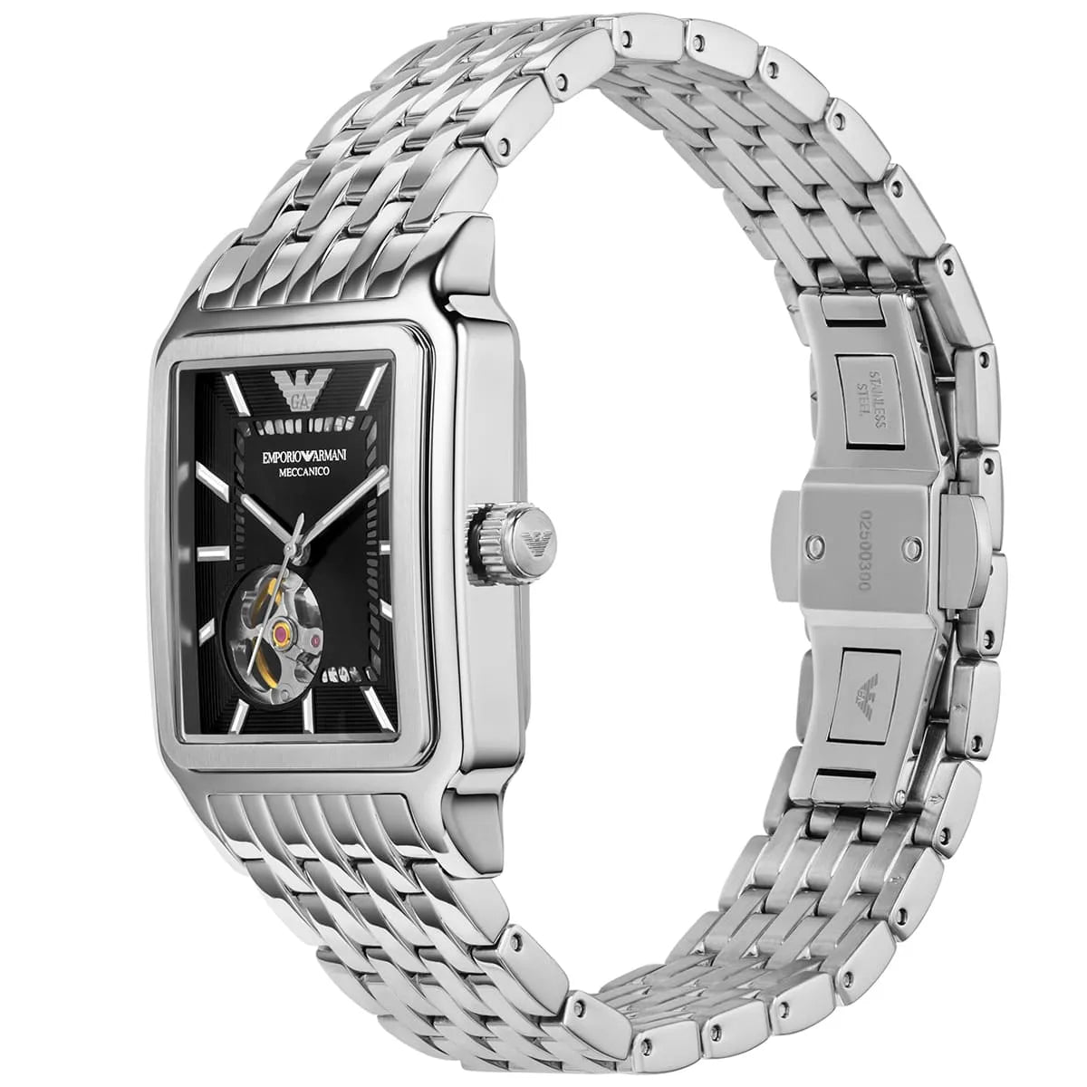 Emporio Armani Diego AR60057 side profile showing rectangular stainless steel case and metal bracelet