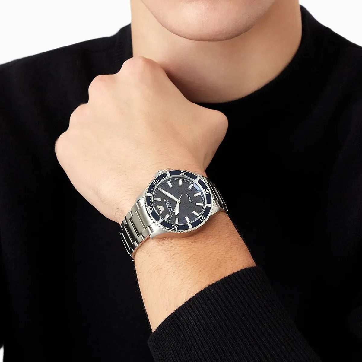 Emporio Armani Diver Automatic Uni-directional rotating blue bezel Silver Men's Watch - AR60059