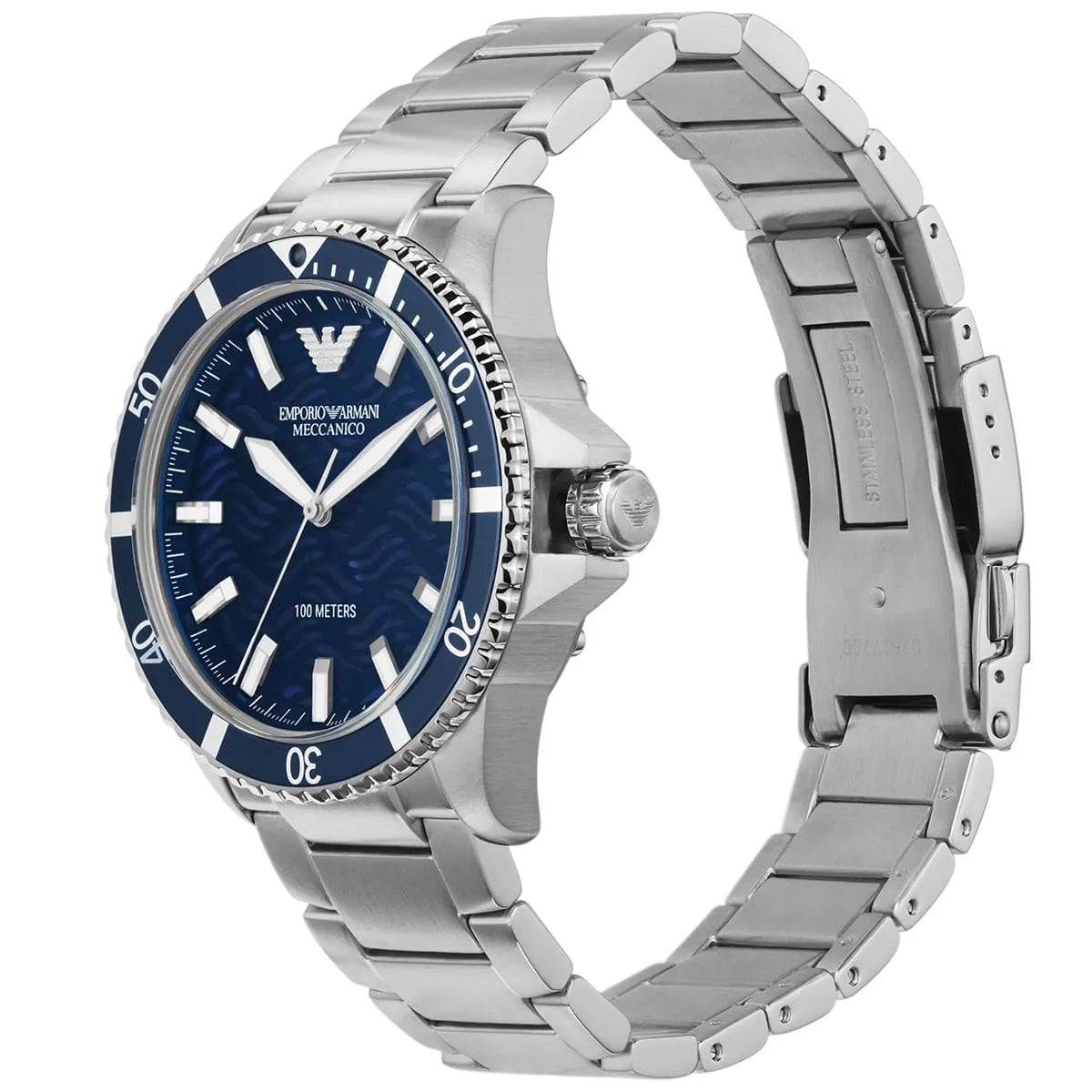Emporio Armani Diver Automatic Uni-directional rotating blue bezel Silver Men's Watch - AR60059