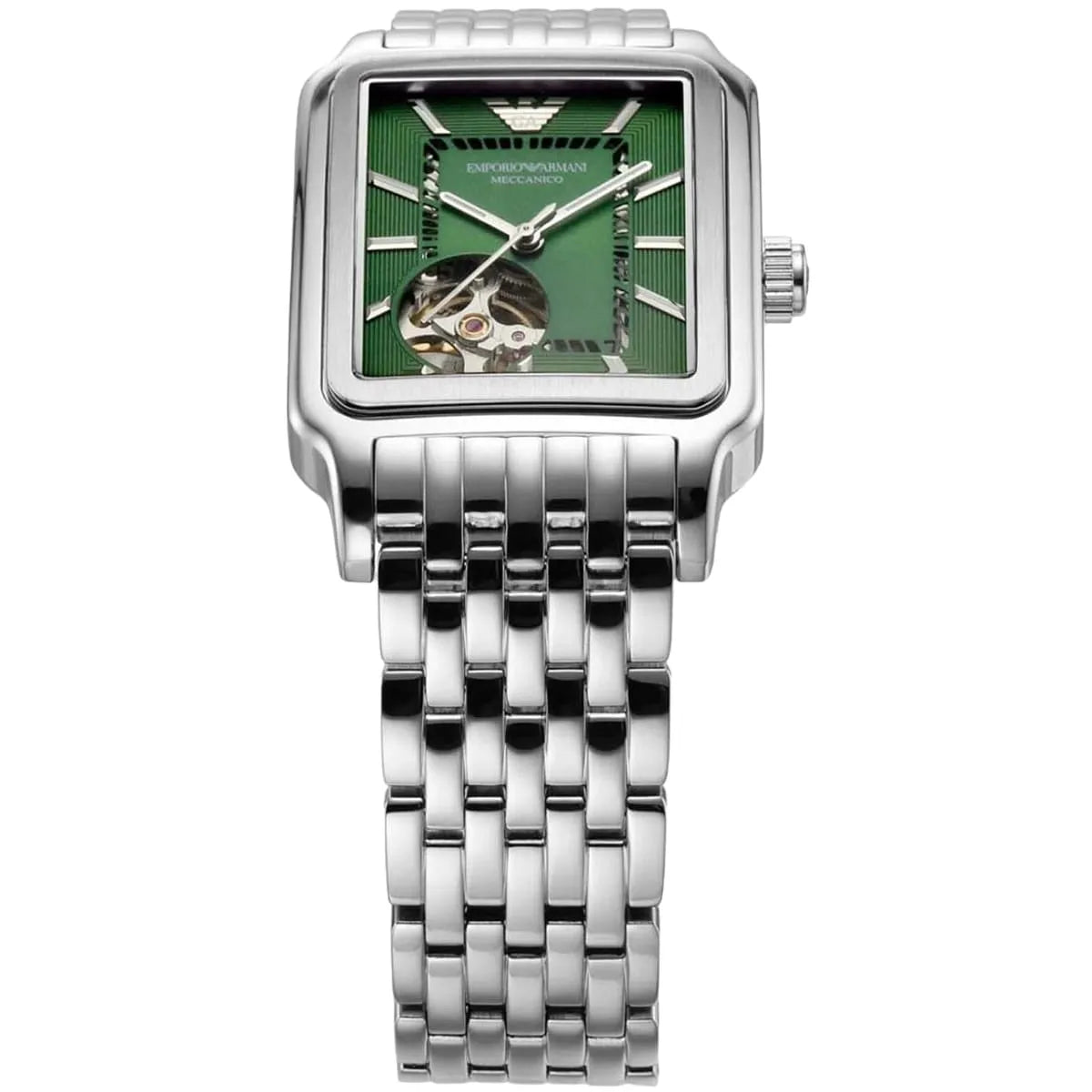 Emporio Armani Meccanico Automatic Green Dial Silver Steel Strap Watch For Men AR60067