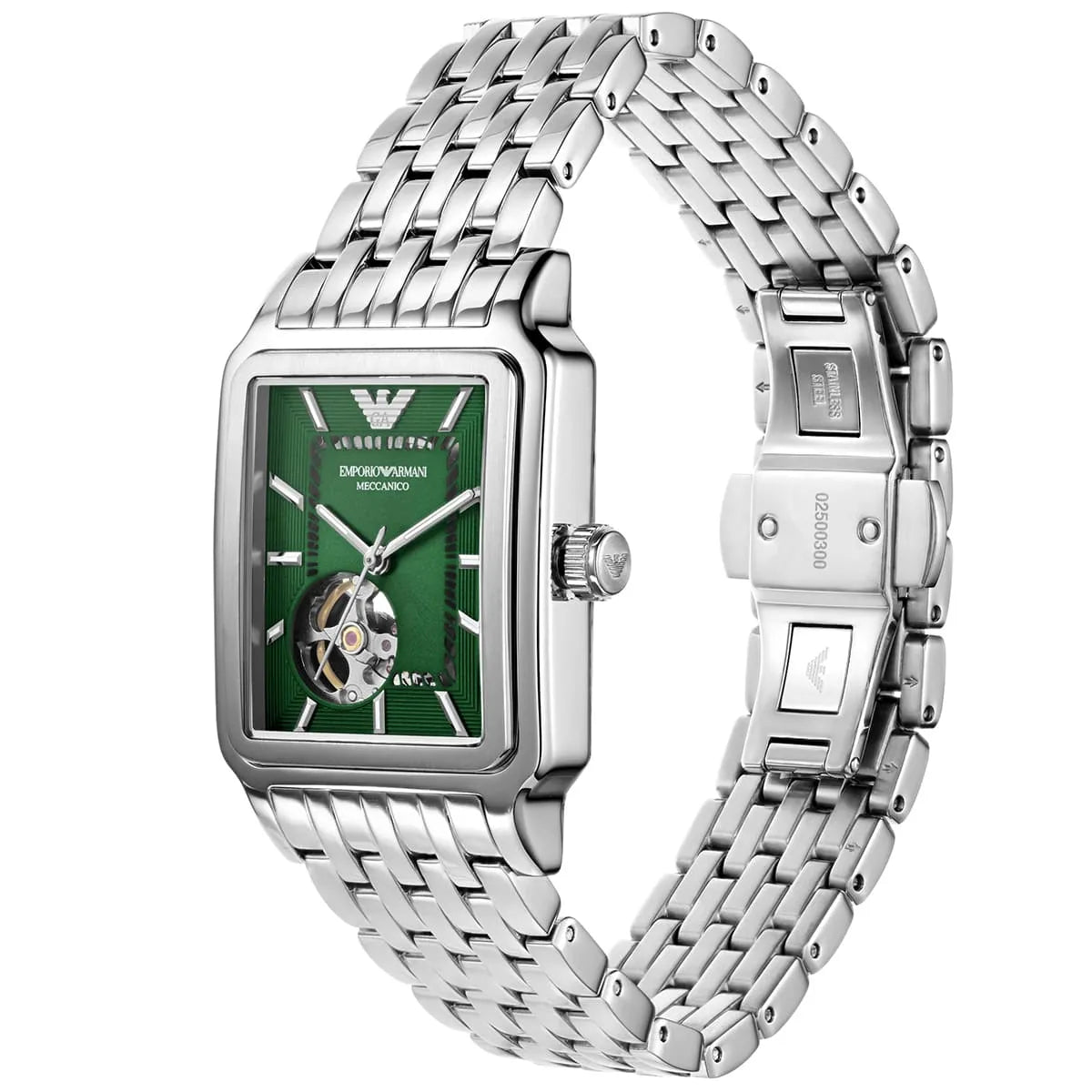 Emporio Armani Meccanico Automatic Green Dial Silver Steel Strap Watch For Men AR60067