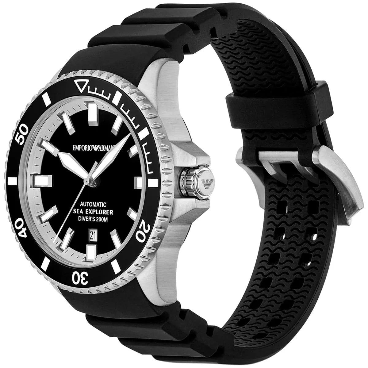 Side angle view of Emporio Armani Sea Explorer watch showing stainless steel case and black silicone strap