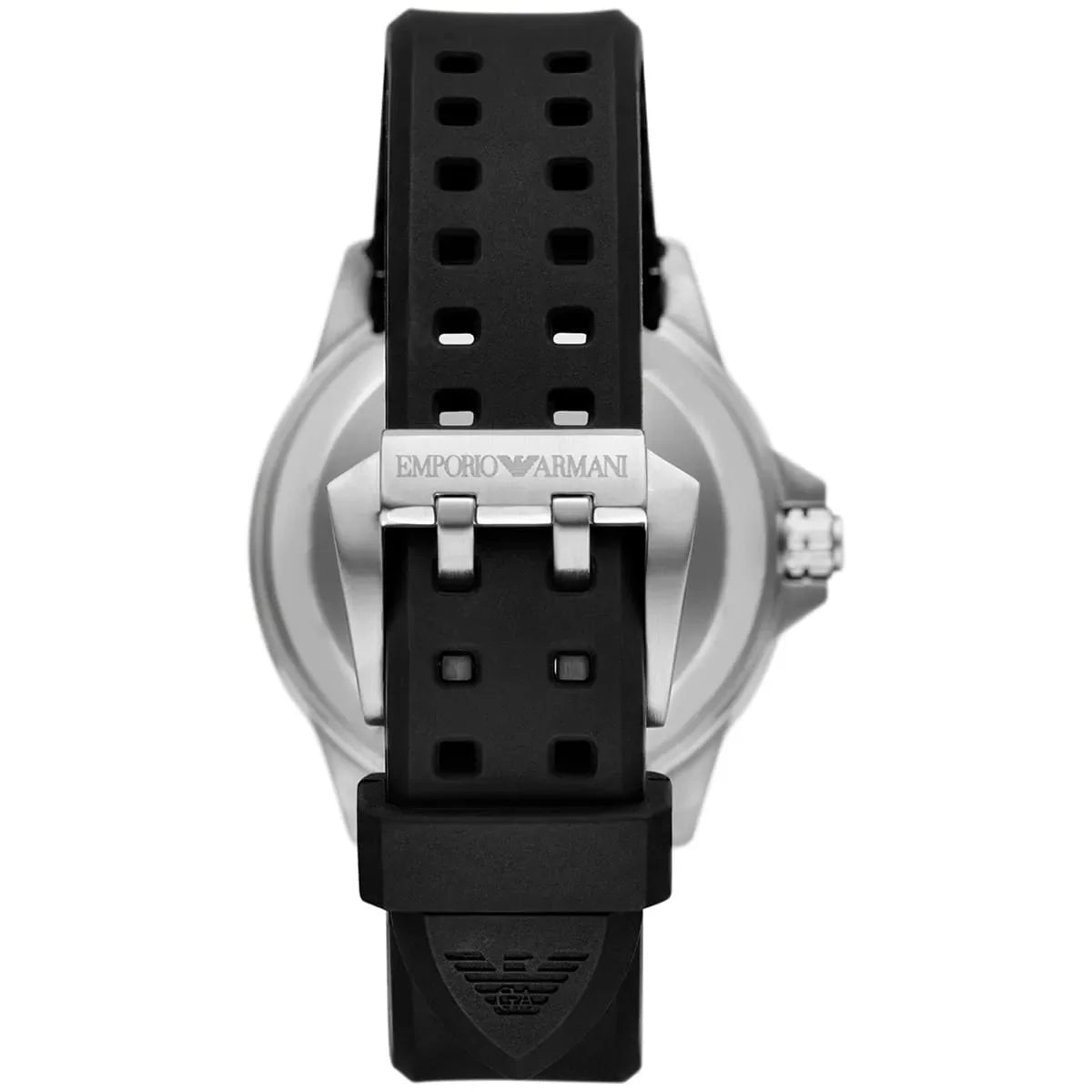 Caseback view of Emporio Armani Sea Explorer showing stainless steel case and silicone strap detail