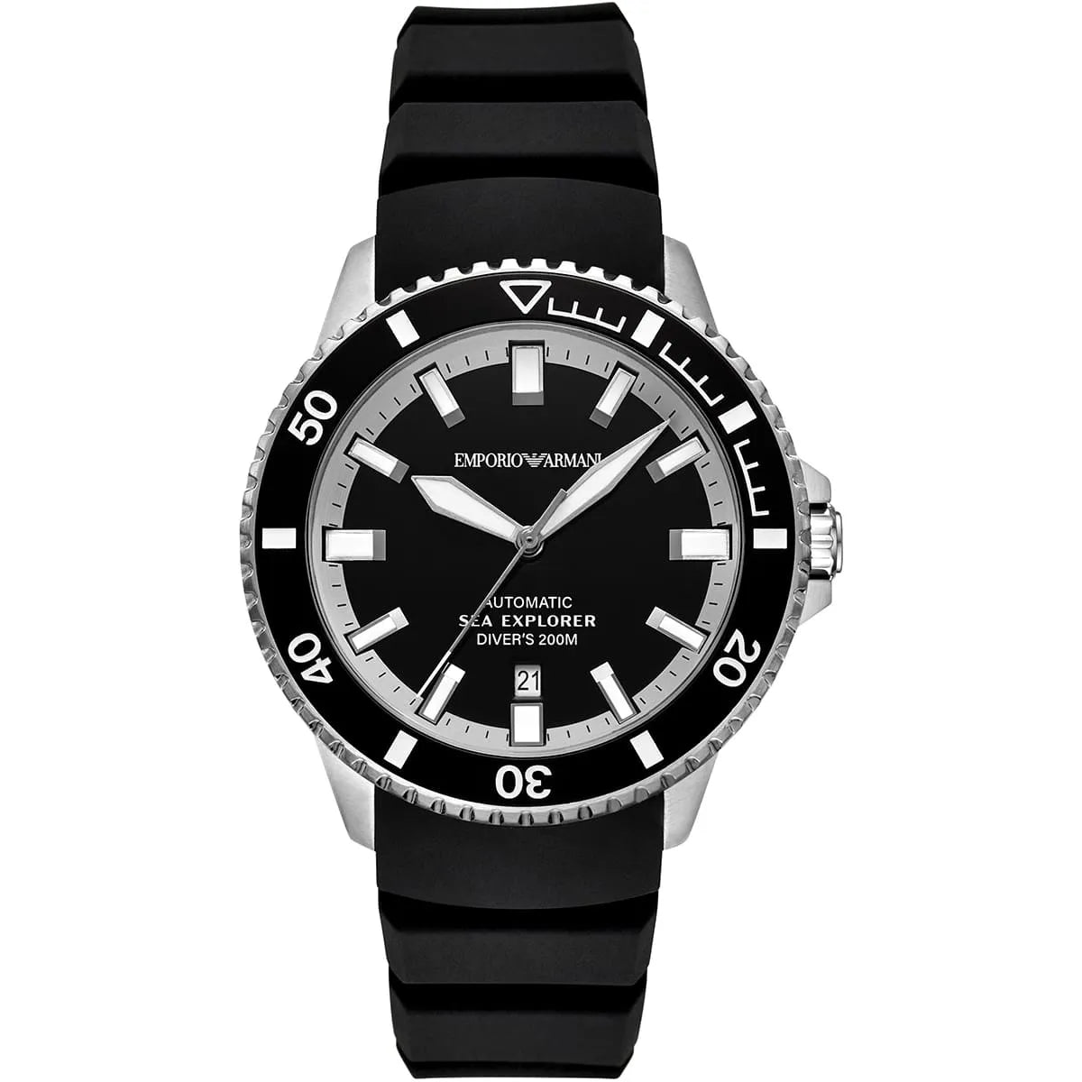 Emporio Armani Sea Explorer automatic watch with black dial and silicone strap