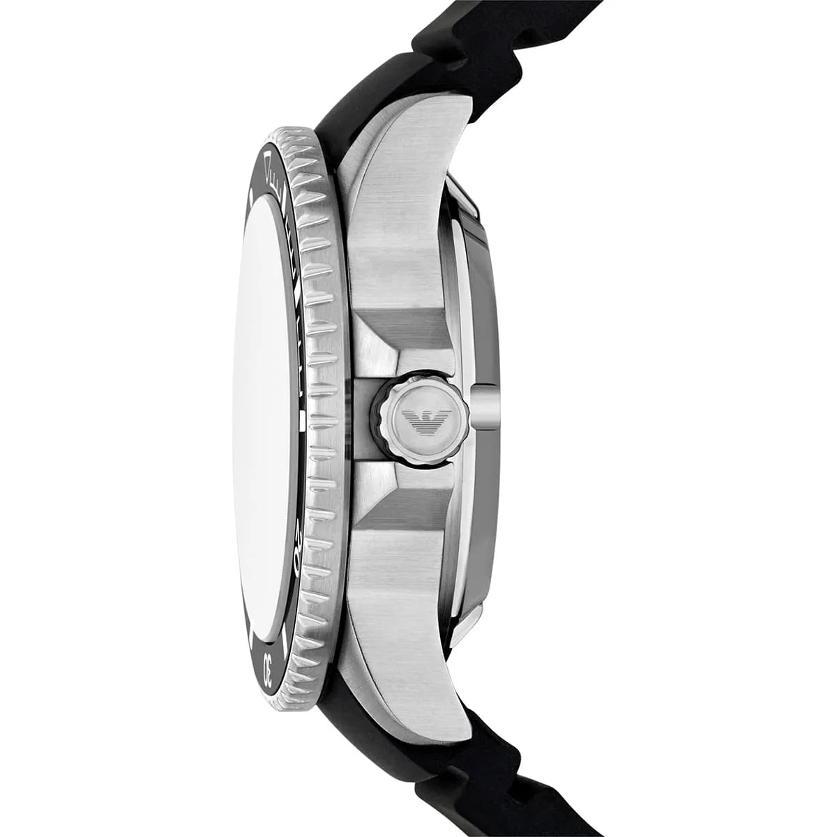 Side profile of Emporio Armani Sea Explorer watch with stainless steel case and black silicone strap