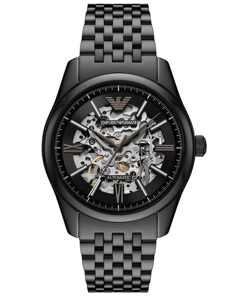Emporio Armani Antonio AR60093 black skeleton dial watch with steel bracelet