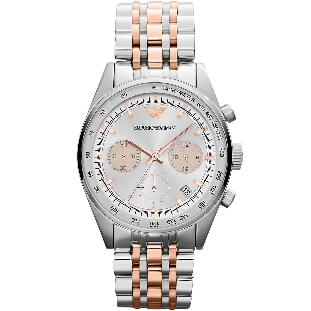 Emporio Armani AR6010 women's chronograph watch with silver dial and two-tone steel rose gold bracelet