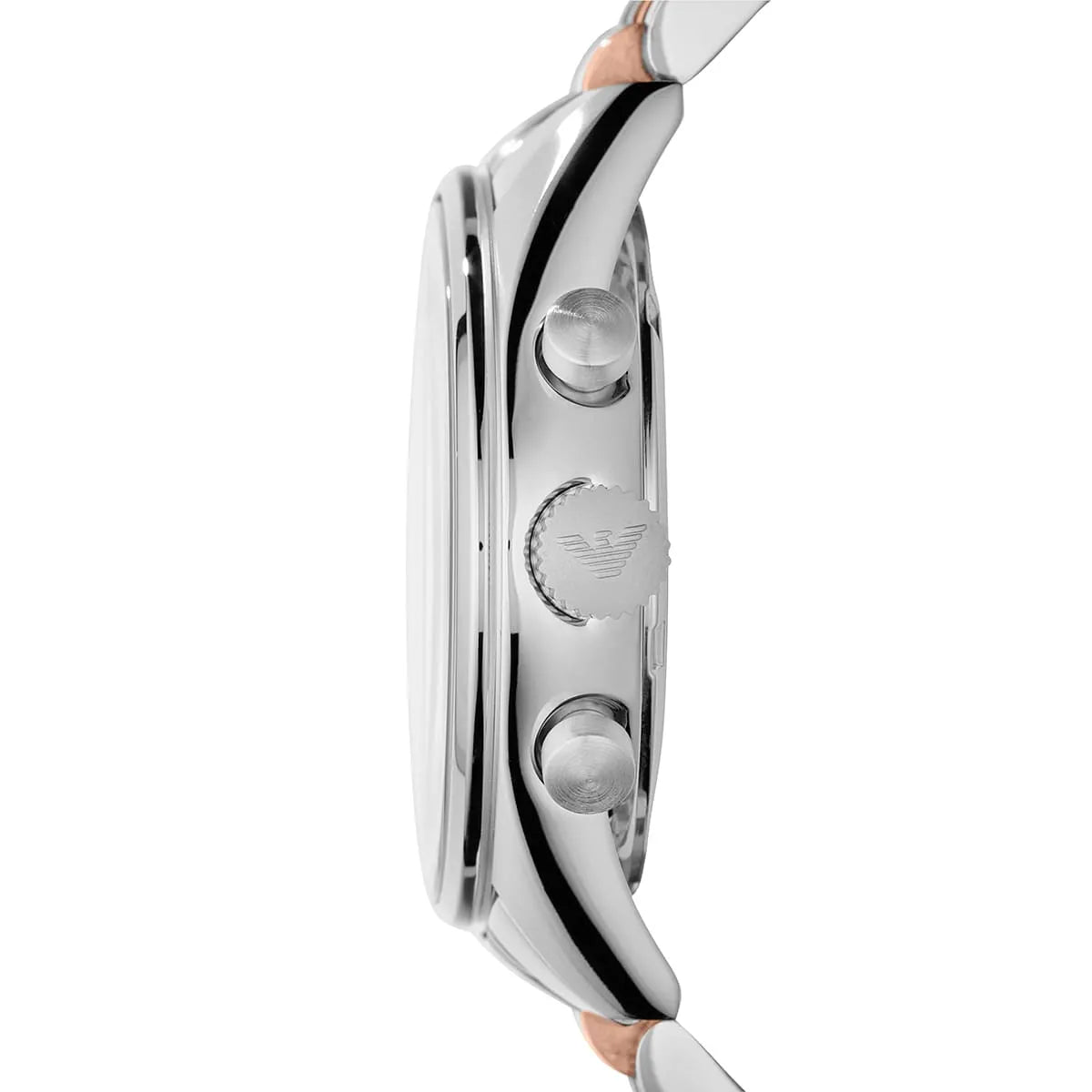 Side profile of AR6010 watch case showing chronograph pushers and Emporio Armani eagle logo