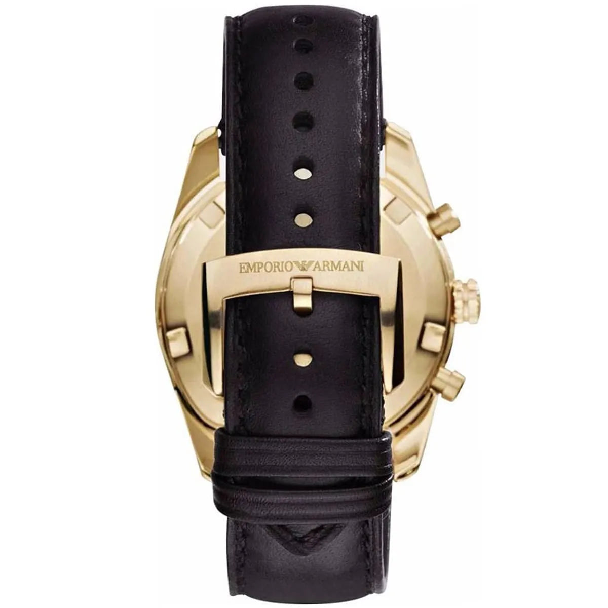 AR6012 watch caseback showing gold-tone case and black leather strap with Emporio Armani branding