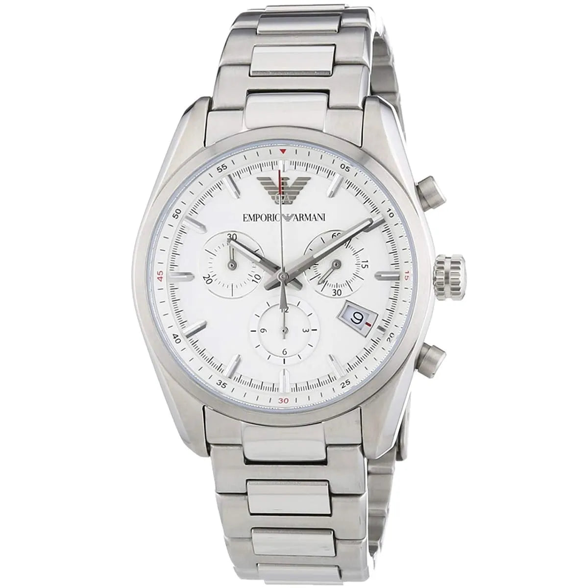 Emporio Armani Sportivo AR6013 chronograph watch from angled view showing dial and bracelet