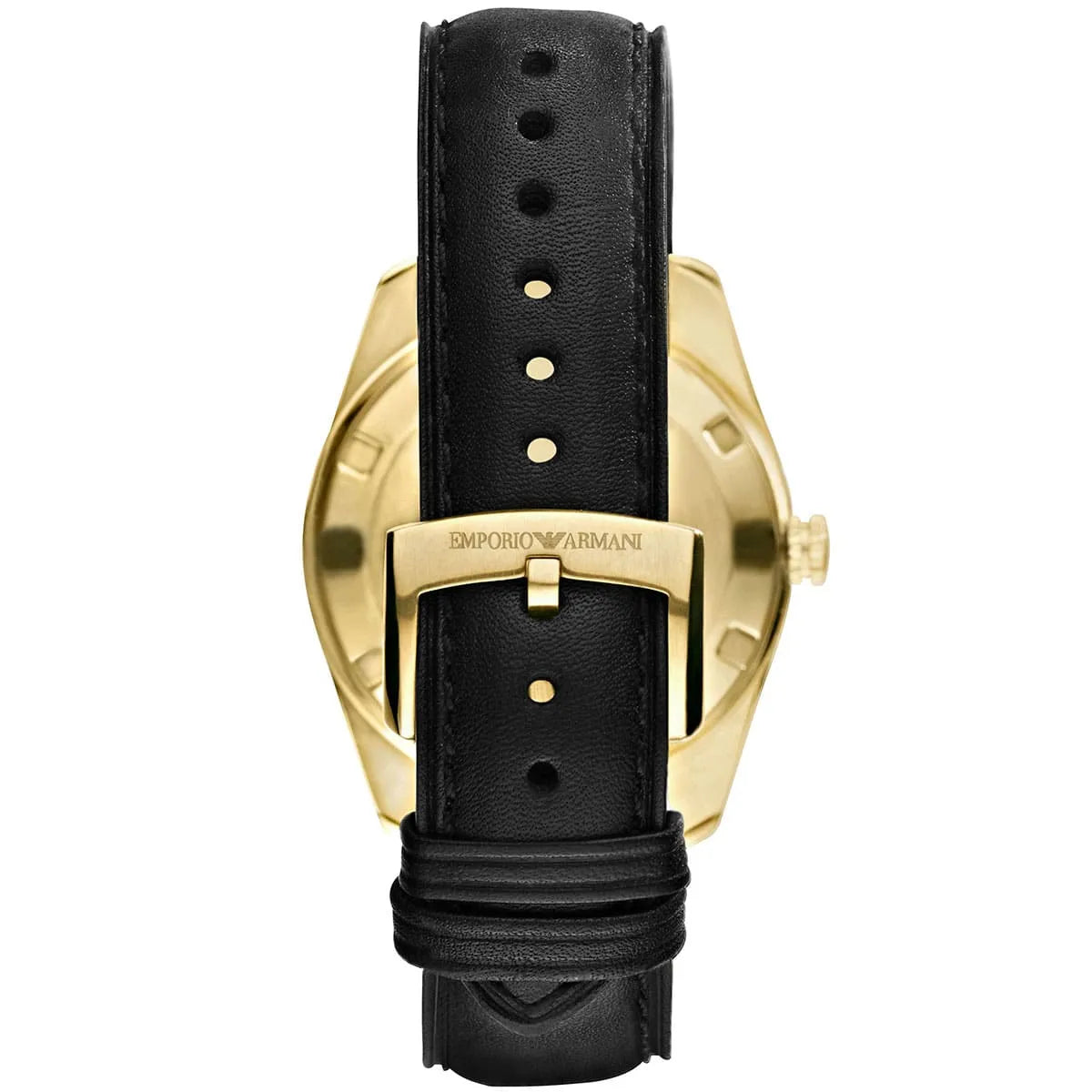 Back view of Emporio Armani AR6018 watch showing gold case and Emporio Armani branding on strap