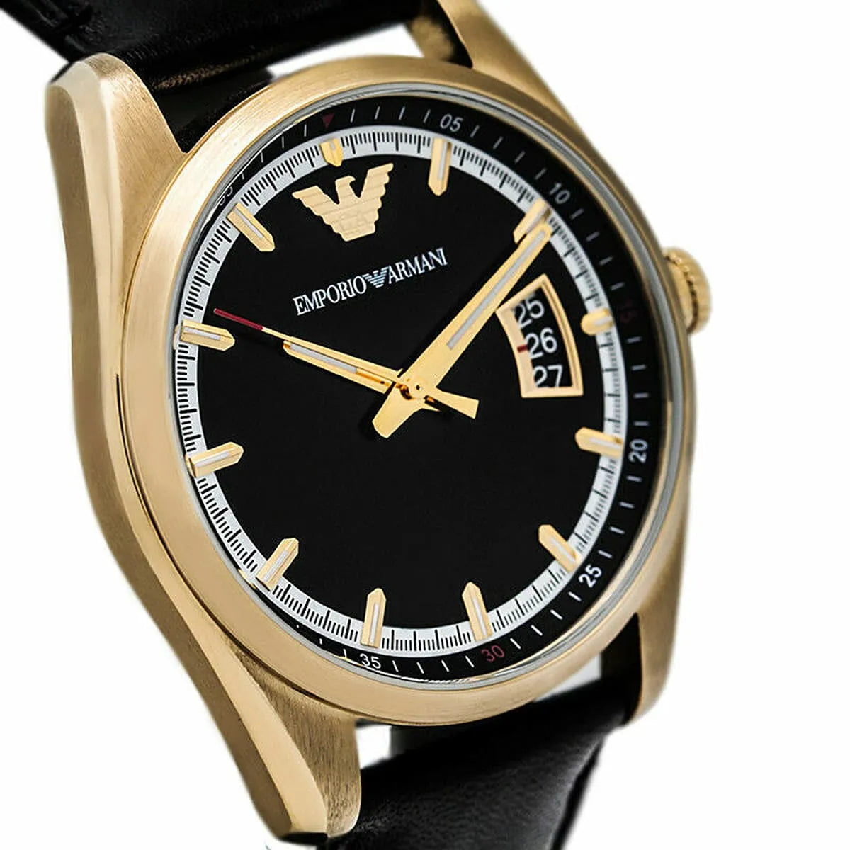 Close-up of Emporio Armani AR6018 dial with black face, gold markers, date window, and tachymeter scale