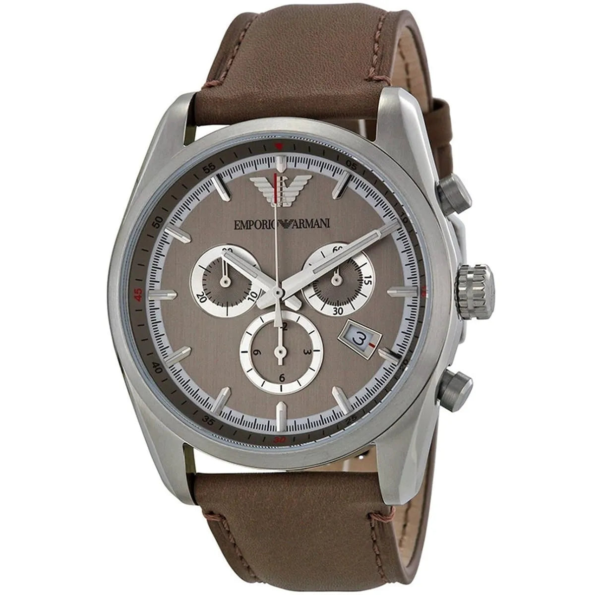 AR6042 New Tazio Large angled view showing three-dial chronograph layout and date window on brown dial