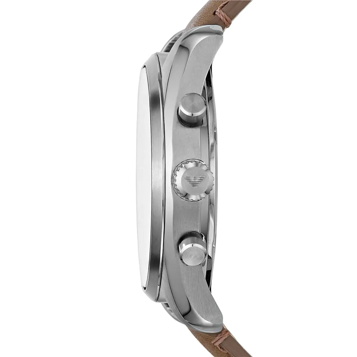 Side profile of AR6042 chronograph showing stainless steel case with brown leather strap and pushers