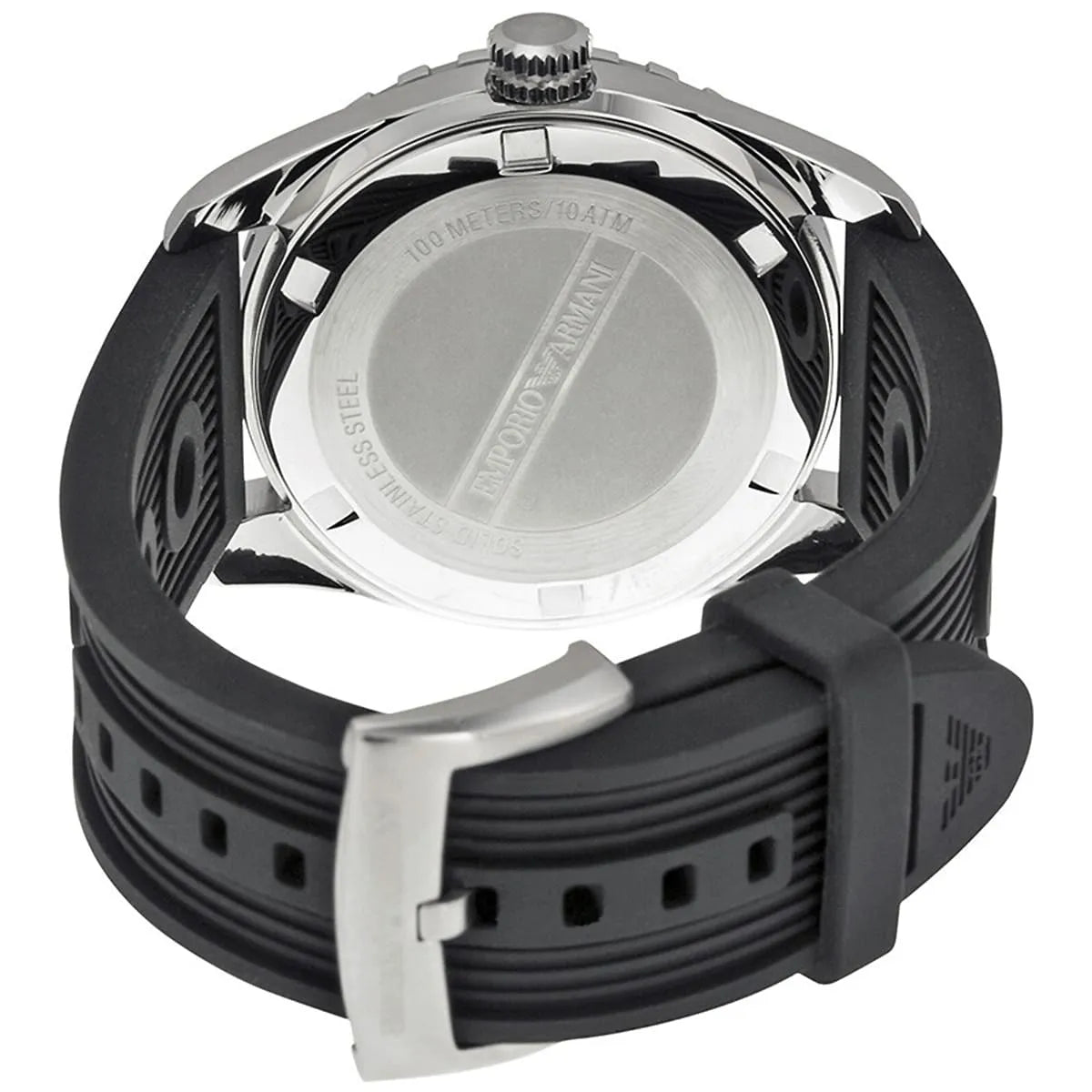 AR6044 Emporio Armani caseback showing engraved text on transparent case back with black strap