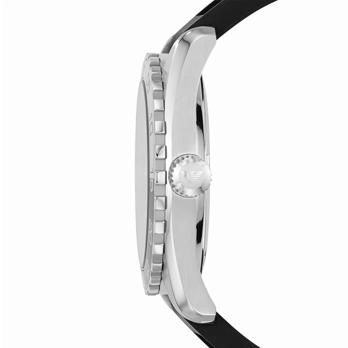 AR6044 watch side view displaying silver case edge, bezel detail, and rubber strap