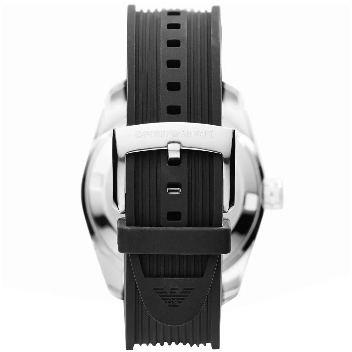 AR6044 watch showing black rubber strap with white clasp and buckle detail from above