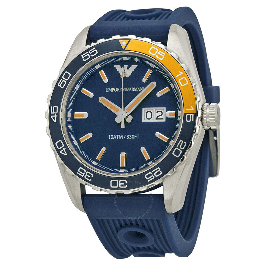 AR6045 three-quarter view showing navy dial with golden hour markers and orange/yellow bezel accent