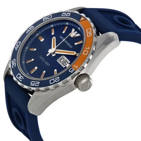 Side profile of Emporio Armani Sportivo AR6045 displaying watch case and navy silicone strap