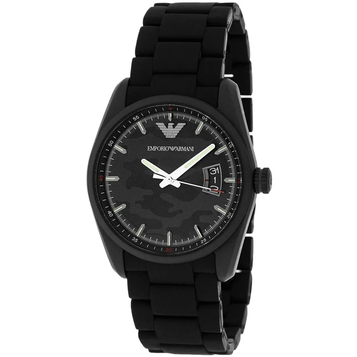AR6052 Emporio Armani watch angled view showing camouflage dial and black metal rubber strap