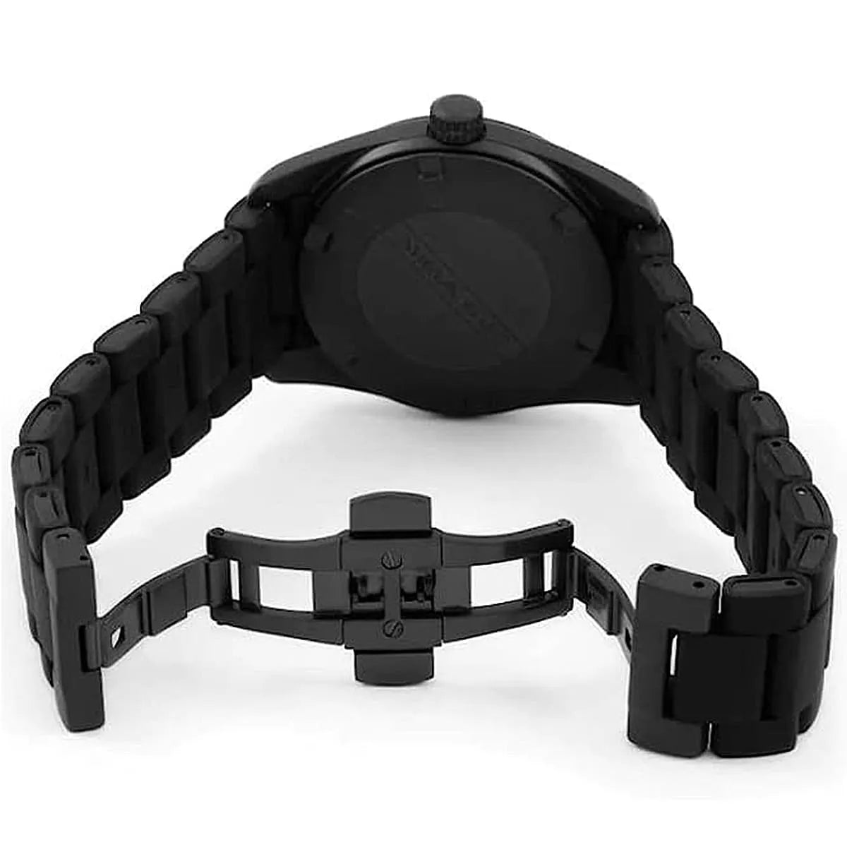 Caseback view of AR6052 Emporio Armani watch with black strap and clasp detail