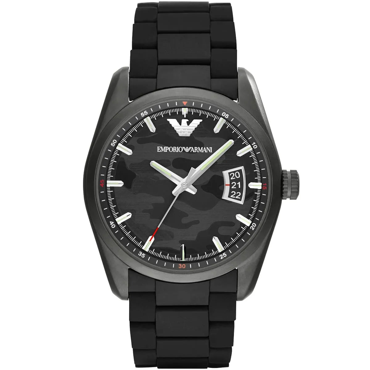 Emporio Armani AR6052 men's watch with black camouflage dial and date window, stainless steel case, black rubber strap