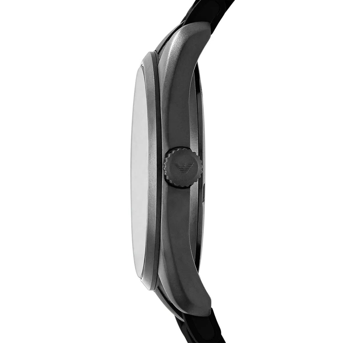 Profile view of Emporio Armani AR6052 watch case and black rubber strap