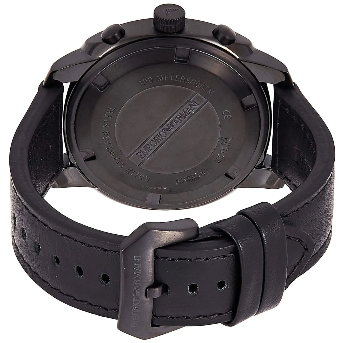 Detail of Emporio Armani AR6061 caseback showing water resistance and Emporio Armani branding