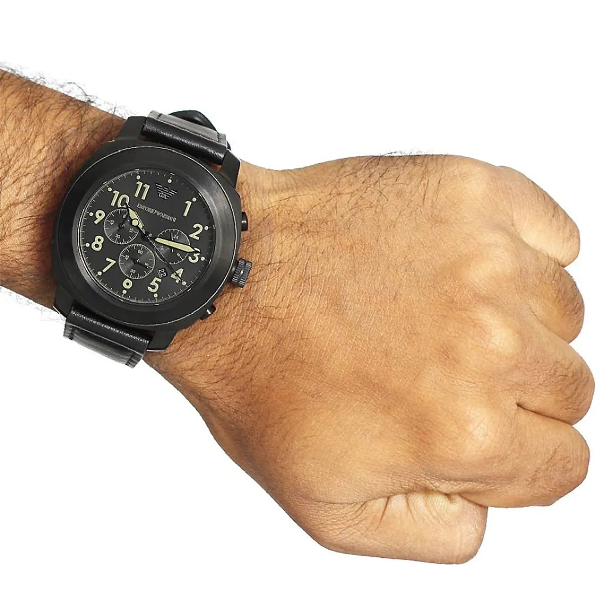 Emporio Armani AR6061 chronograph watch worn on male wrist showing black case and leather strap
