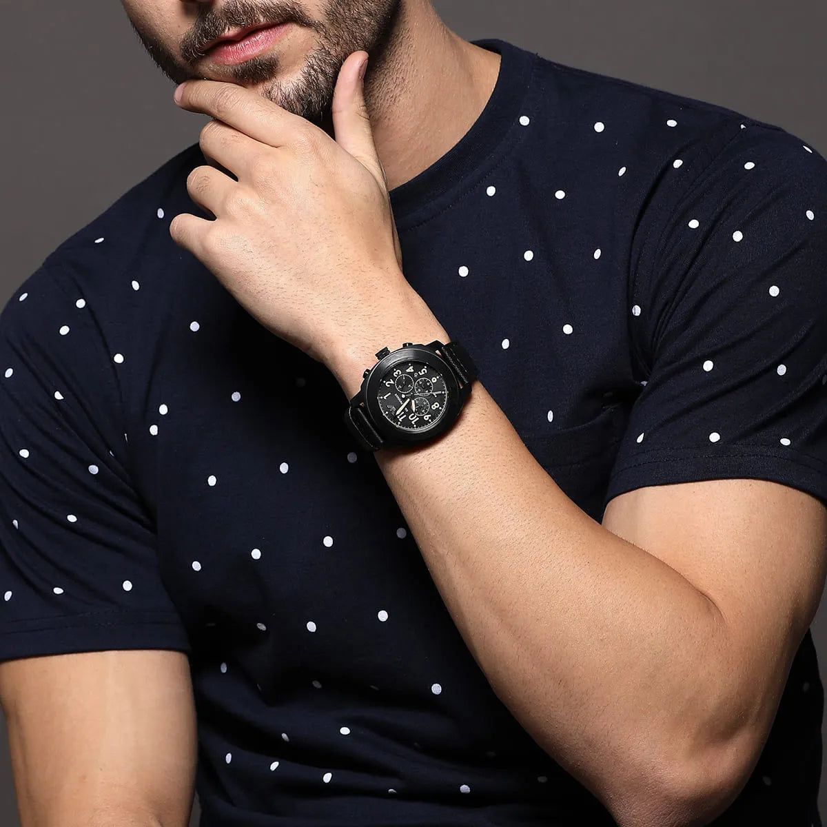 Emporio Armani AR6061 watch on wrist with black dial and chronograph function visible