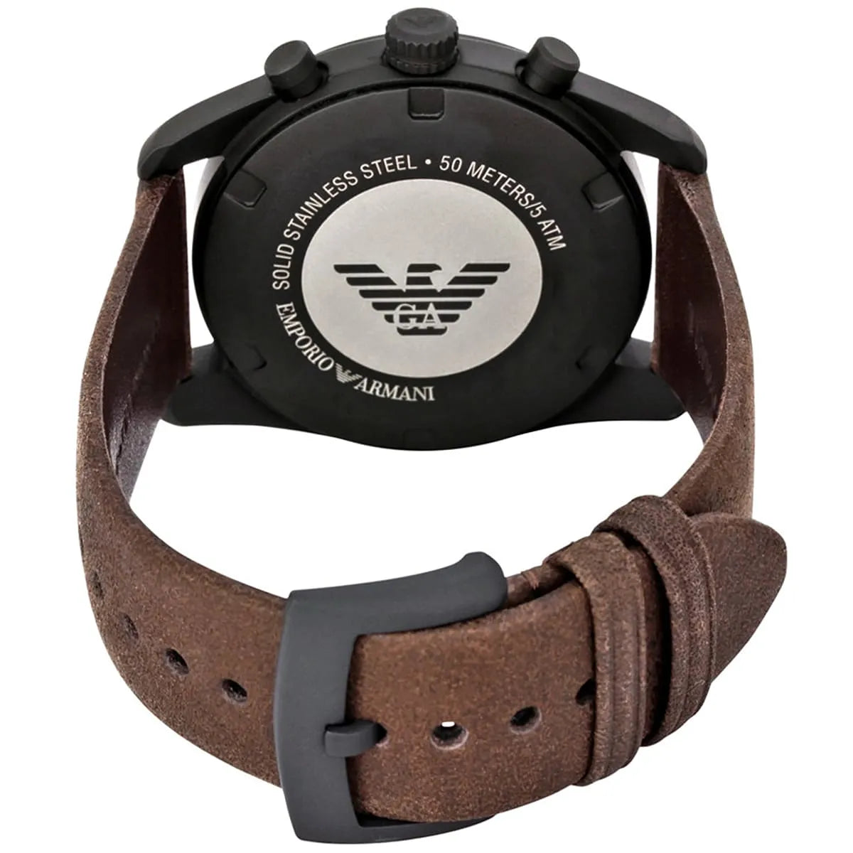 Emporio Armani AR6078 watch caseback with eagle logo and stainless steel specifications