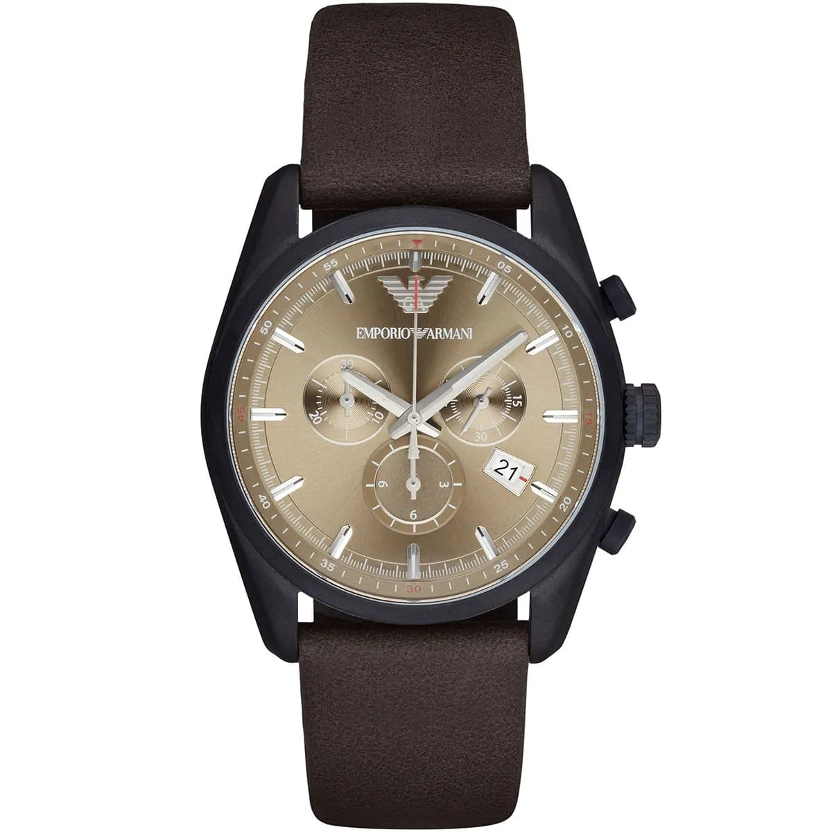 Emporio Armani Sportivo chronograph men's watch with beige dial, black case, and brown leather strap