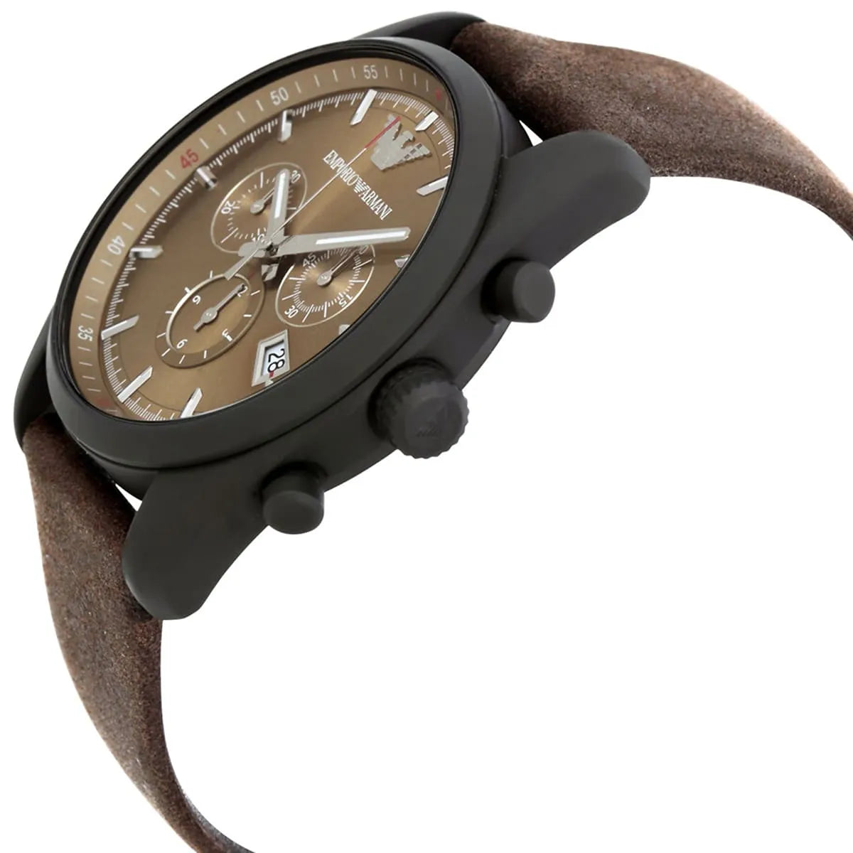 Emporio Armani Sportivo chronograph watch on wrist with brown leather strap and beige dial