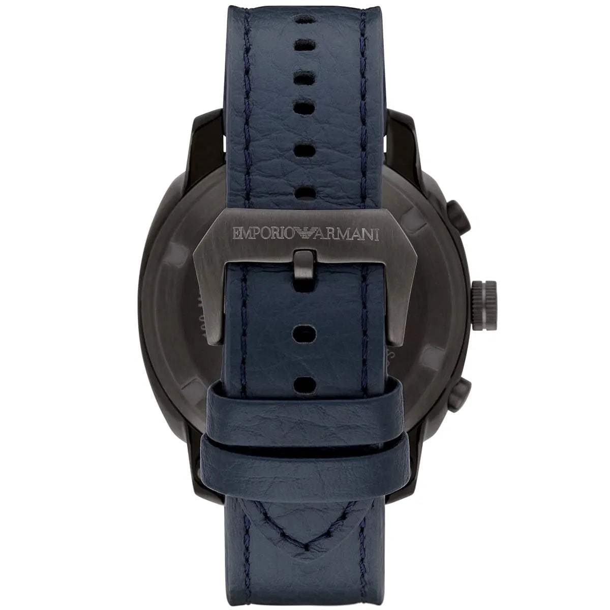 AR6086 caseback view showing Emporio Armani engraving on gunmetal case