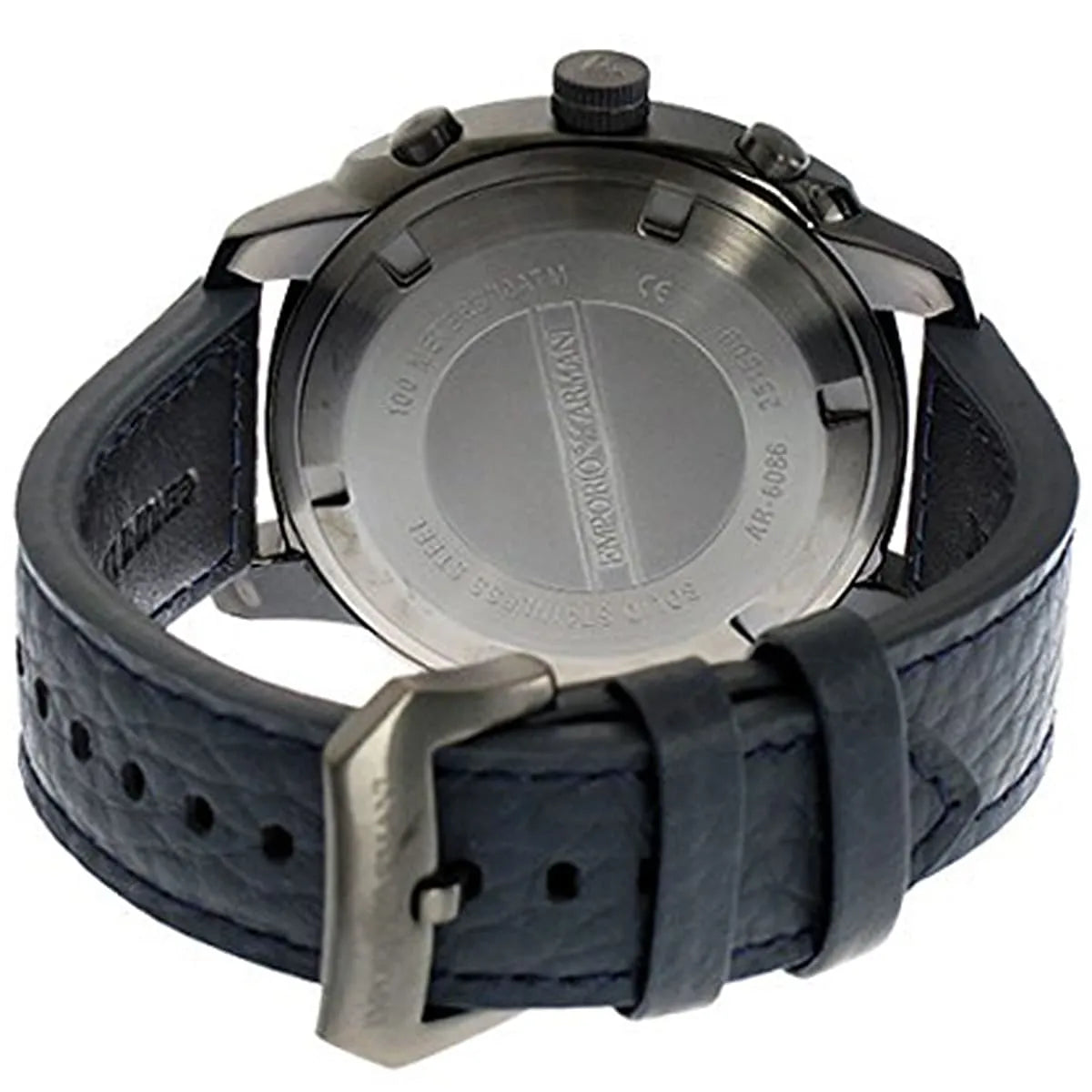 Close-up of AR6086 dial detail with chronograph subdials and leather strap
